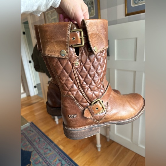 UGG Boho Brown Quilted Leather Boots Size 11 - Picture 2 of 6